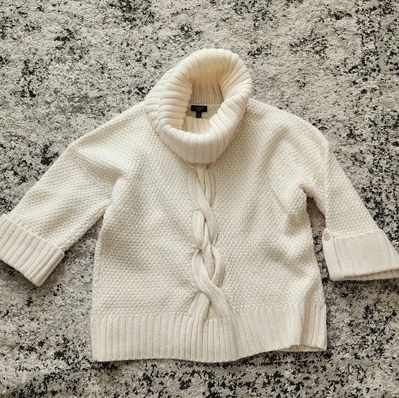 Talbots Cableknit Turtleneck Sweater Quarter Sleeve Womens Size M Petite Cream - Picture 2 of 9
